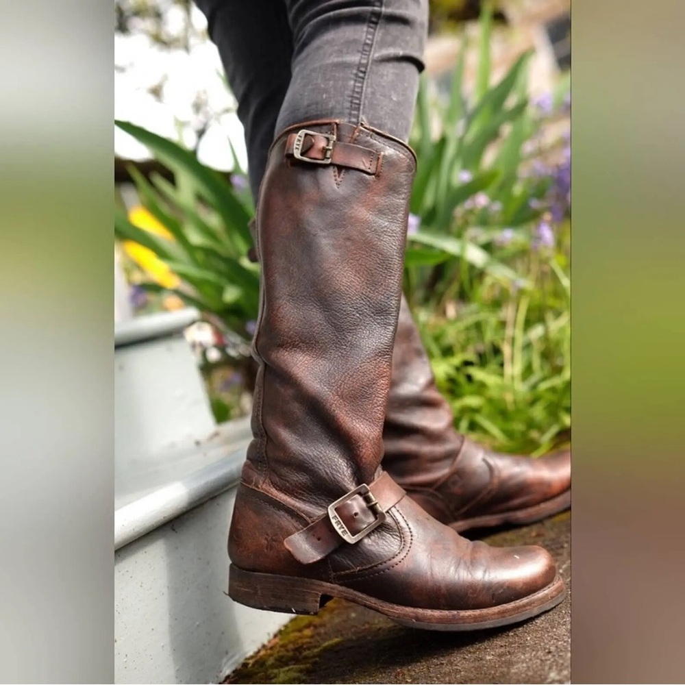 $399 Frye Veronica Slouch Tan Distressed Leather Engineer Moto Tall Buckle Boot - Picture 2 of 16